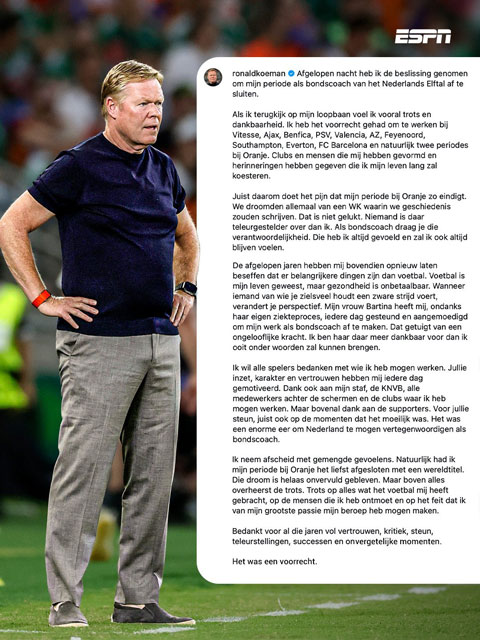 Koeman viết tâm thư chia tay - Ảnh: ESPN