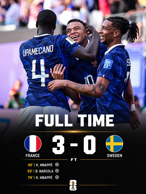 Pháp dễ dàng đánh bại Thụy Điển tại vòng 1/16 World Cup 2026 - Ảnh: @FIFAWC26Updates