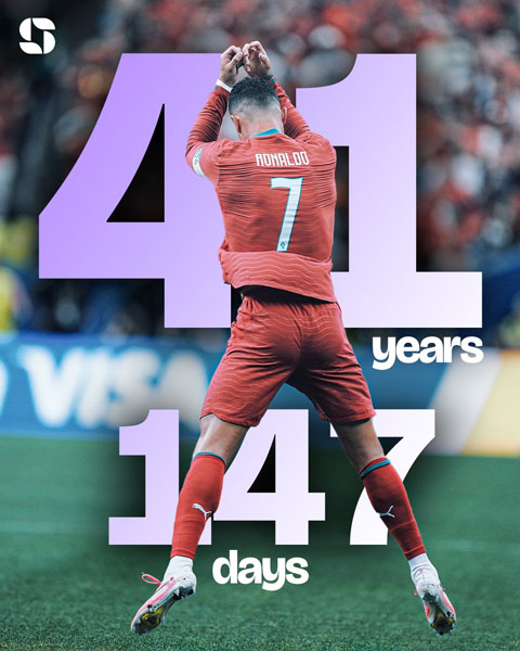 Ronaldo 41 tuổi và 147 ngày khi ra sân gặp Croatia - Ảnh: @Squawka