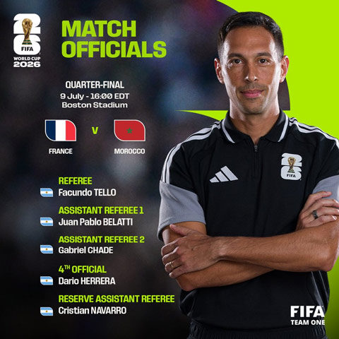 Danh sách tổ trọng tài điều khiển trận Pháp vs Morocco