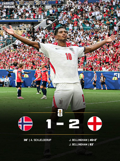 Anh đánh bại Na Uy với tỷ số 2-1 tại tứ kết World Cup 2026 - Ảnh: Fabrizio Romano