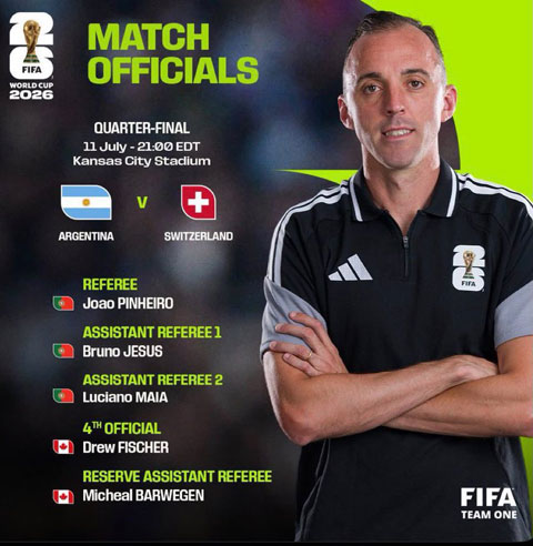Trọng tài chính Joao Pedro Pinheiro và các trợ lý người Bồ Đào Nha làm việc ở trận Argentina vs Thụy Sĩ - Ảnh: @FlickyCuler