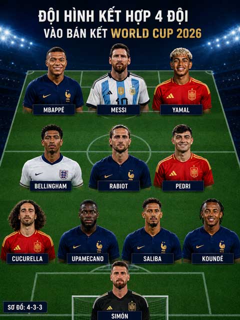 Đội hình kết hợp 4 đội góp mặt ở bán kết World Cup 2026