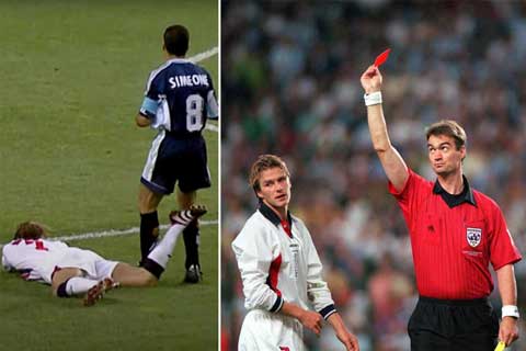 Beckham nhận thẻ đỏ sau pha trả đũa Simeone năm 1998 - Ảnh: @DailyStar_Sport