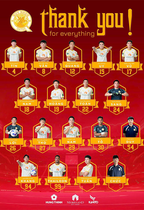 Quy Nhơn United thông báo chia tay 18 cầu thủ sau mùa giải 2025/26 