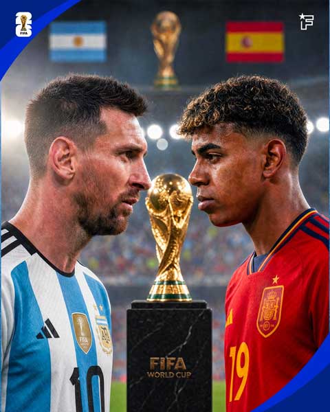 Messi và Yamal sẽ có lần đầu tiên đối đầu với nhau và diễn ra ở trận đấu quan trọng nhất là chung kết World Cup - Ảnh: @footmercato
