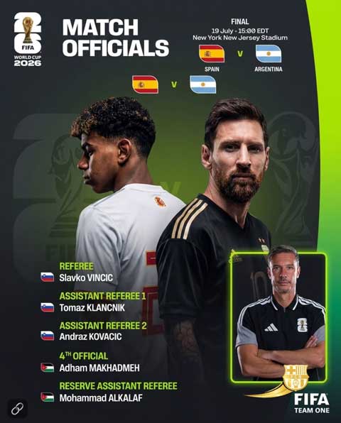 Tổ trọng tài làm việc ở trận chung kết World Cup 2026 đã được công bố - Ảnh: @TouchlineX