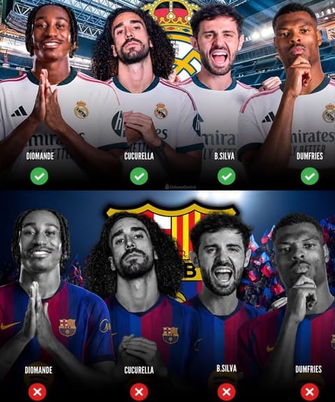 Cả Dumfries, Cucurella, Diomande và Bernardo Silva đều từng được Barca theo đuổi trước khi gật đầu với Real Madrid. Ảnh: X