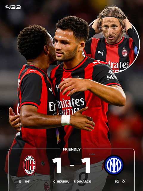 Milan và Inter cầm chân nhau với tỷ số 1-1 - Ảnh: 433
