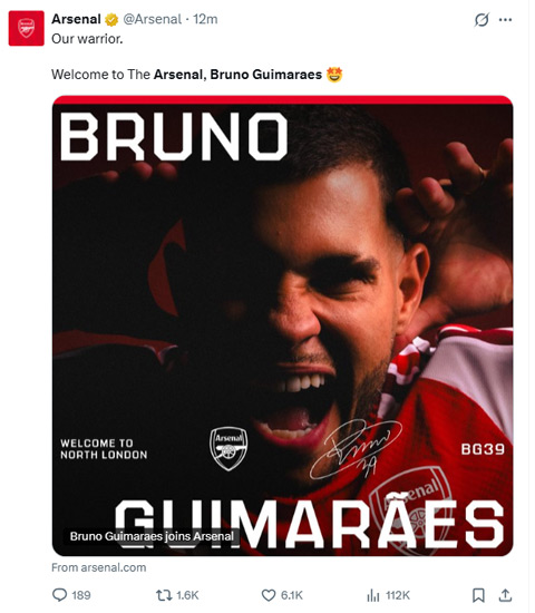 Guimaraes chính thức trở thành người của Arsenal