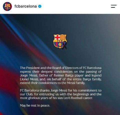 Barca gửi lời chia buồn tới Lionel Messi và gia đình
