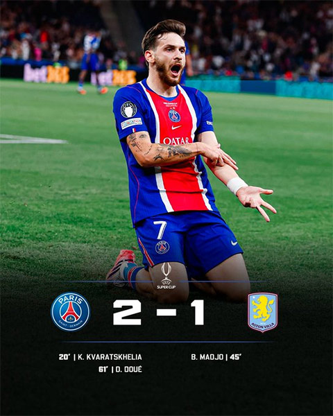 PSG lần thứ hai liên tiếp giành Siêu cúp châu Âu