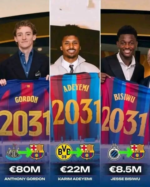 Barca mới chi tiền cho 2 tân binh Gordon, Adeyemi và 1 cầu thủ trẻ Bisiwu. Ảnh: Instagram