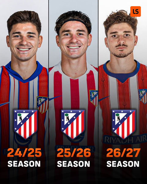 Gương mặt của Alvarez qua 3 mùa giải trong màn giới thiệu áo đấu của Atletico, rõ ràng là anh không hề vui vẻ ở mùa này - Ảnh: Livescore