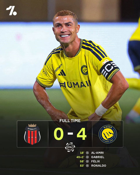 Ronaldo ghi bàn trong chiến thắng 4-0 của Al Nassr - Ảnh: @OneFootball