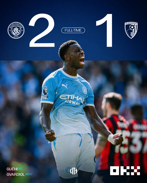 Guehi là người ghi bàn gỡ hòa 1-1 cho Man City - Ảnh: @ManCity
