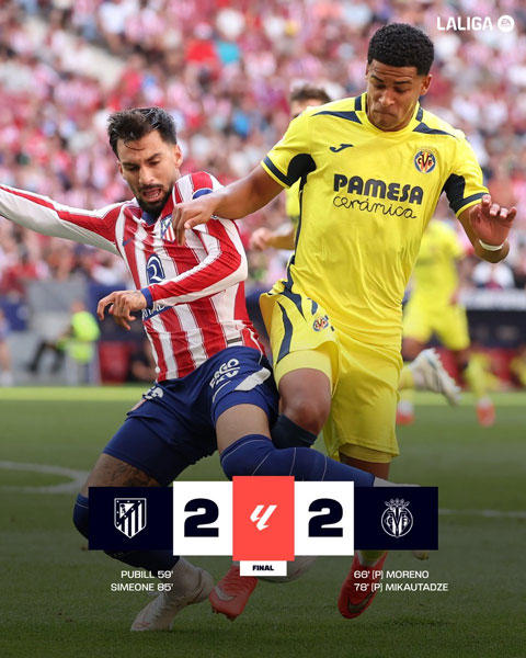 Atletico không thể có chiến thắng trước Villarreal dù được đá trên sân nhà - Ảnh: @LaLiga