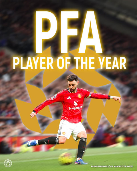 Bruno Fernandes giành giải Cầu thủ xuất sắc nhất năm của PFA - Ảnh: @StretfordPaddck