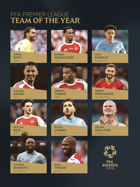 11 cầu thủ góp mặt ở Đội hình tiêu biểu Premier League mùa trước do PFA bình chọn - Ảnh: @PFA