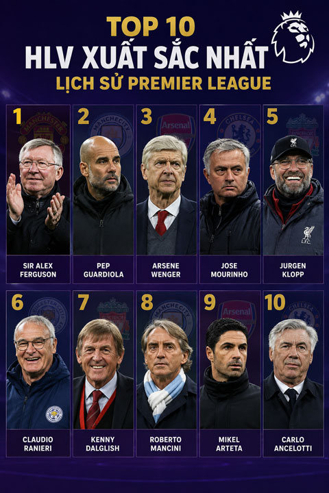 Top 10 HLV xuất sắc nhất lịch sử Premier League theo BBC