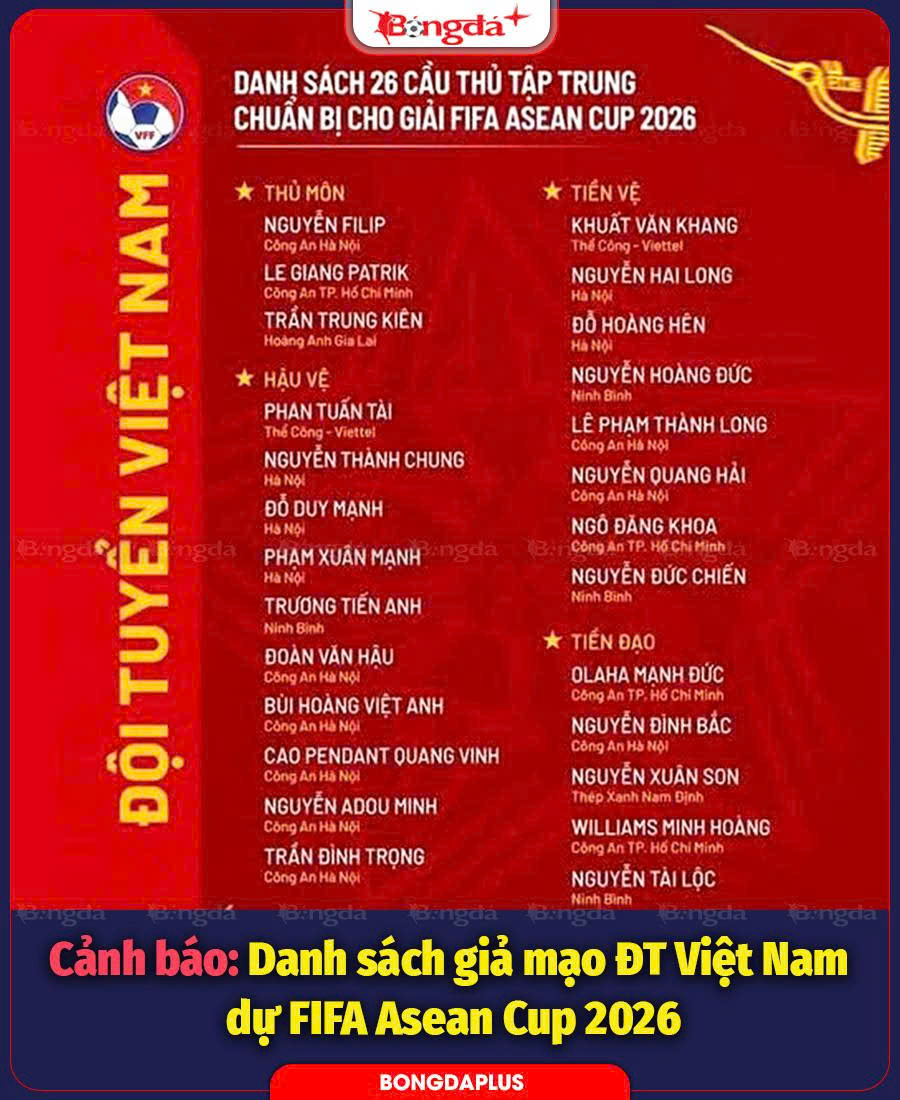 Bản danh sách giả mạo của ĐT Việt Nam chuẩn bị cho FIFA ASEAN Cup 2026 