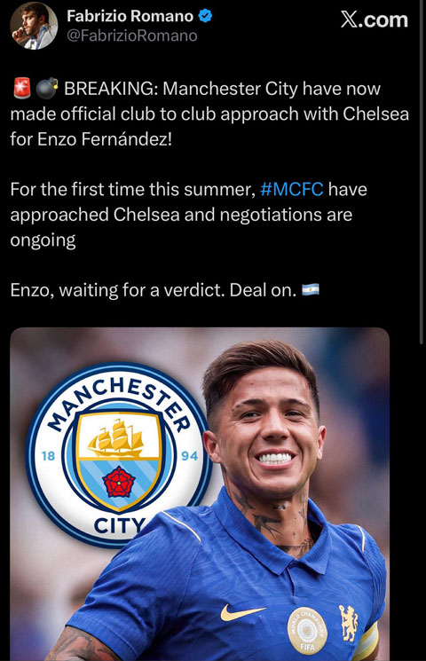 Romano xác nhận Man City đang đàm phán với Chelsea về Enzo