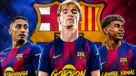 Barca đang có một mũi đinh ba đáng gờm mới với Raphinha, Gordon và Yamal. Ảnh: Note