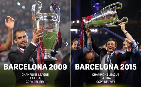 Flick cũng chưa tiếp cận được với Pep Guardiola hay Luis Enrique, những kiến trúc sư của hai cú ăn ba với Barca. Ảnh: Facebook