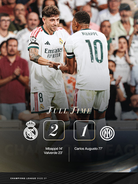 Real Madrid đã hạ Inter Milan 2-1 ở lượt đầu vòng phân hạng Champions League 2026/27