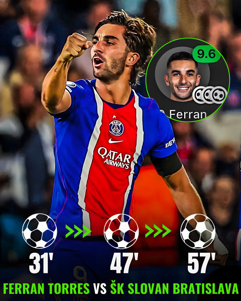 Ferran Torres là cầu thủ đầu tiên trong lịch sử PSG lập hat-trick ngay ở trận ra mắt Champions League - Ảnh: @zflixfootball