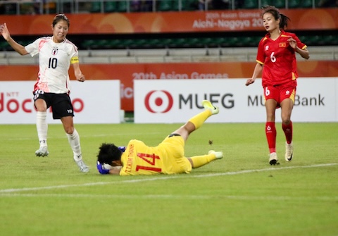 Thủ môn Kim Thanh và hàng phòng ngự Việt Nam chịu sức ép quá lớn từ Nhật Bản. Ảnh: VFF