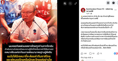 Kanachanburi FC đăng tải lời xin lỗi của HLV Park Hang Seo