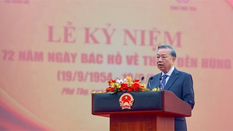 Tổng Bí thư, Chủ tịch nước Tô Lâm phát biểu tại Lễ kỷ niệm 72 năm Ngày Bác Hồ về thăm Đền Hùng - Ảnh: chinhphu.vn