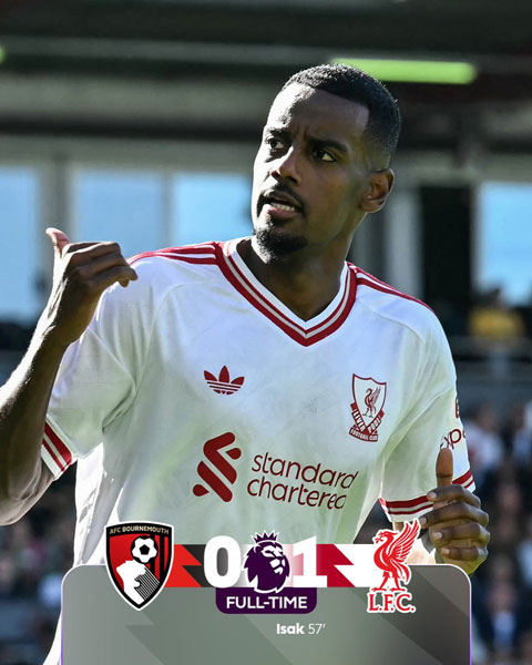 Liverpool đánh bại Bournemouth với bàn duy nhất của Isak - Ảnh: @premierleague