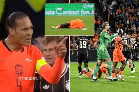 Van Dijk cùng các đồng đội phản ứng dữ dội vì Brobbey đang nằm sân trong lúc Đức ghi bàn - Ảnh: The Sun