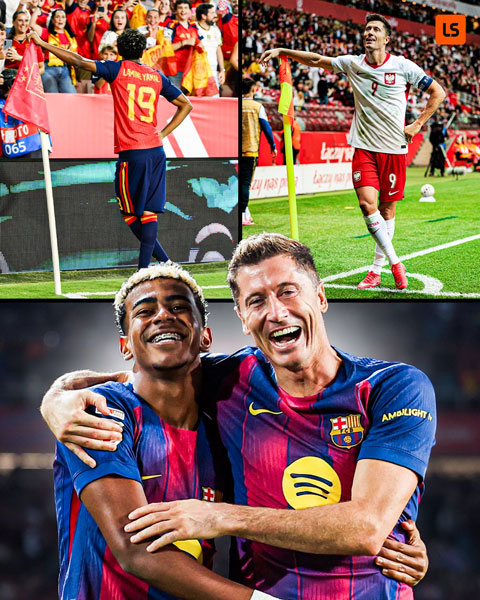 Lewandowski ăn mừng theo phong cách của Yamal - Ảnh: Livescore