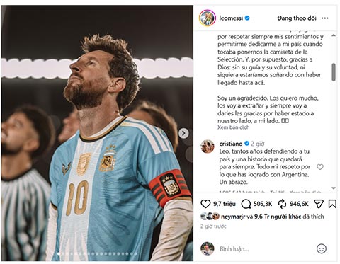 Ronaldo tương tác với bài đăng của Messi với lời có cánh dành cho đối thủ