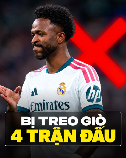 Vinicius sẽ bị treo giò 4 trận, bao gồm cả trận El Clasico với Barca