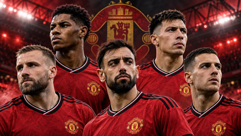 5 cầu thủ MU có nguy cơ phải ra đi nếu Howe làm HLV gồm (từ trái sang): Shaw, Rashford, Bruno, Lisandro và Dalot