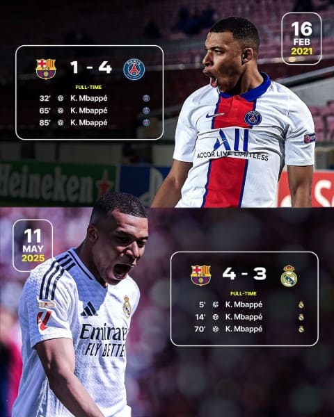 Mbappe từng lập tới 2 cú hat-trick tại tổ ấm của Barca. Ảnh: Instagram