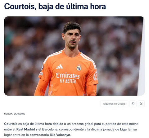 Courtois bị cúm và không thể ra sân