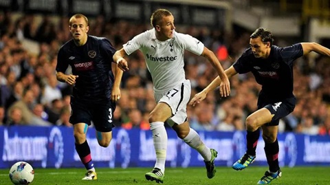 Kane (ở giữa, ảnh chụp trong trận gặp Hearts năm 2011) gia nhập Tottenham khi mới 11 tuổi và ký hợp đồng chuyên nghiệp vào ngày sinh nhật thứ 16 của mình năm 2009