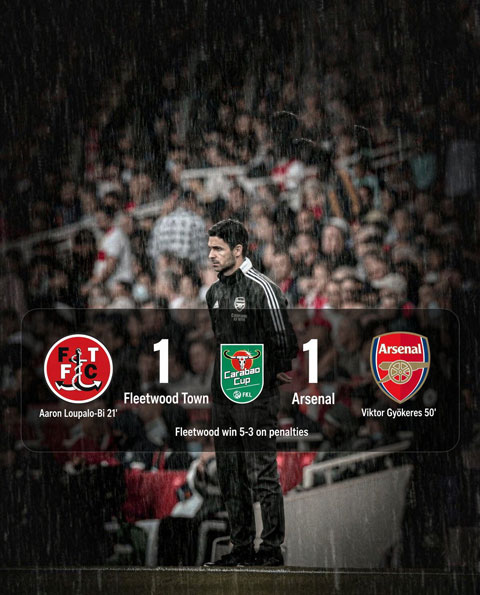 Arsenal bất ngờ thua sốc Fleetwood Town ở Cúp Liên đoàn Anh