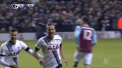 Harry Kane nâng tỷ số lên 3-0 (Tottenham 4-1 West Ham)