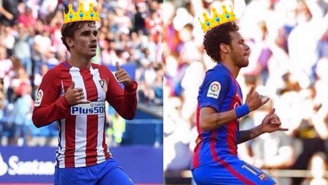 Neymar bắt chước điệu bộ của Griezmann khiến Messi phì cười