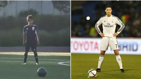 Con trai Ronaldo lại sút phạt thành bàn mãn nhãn giống bố