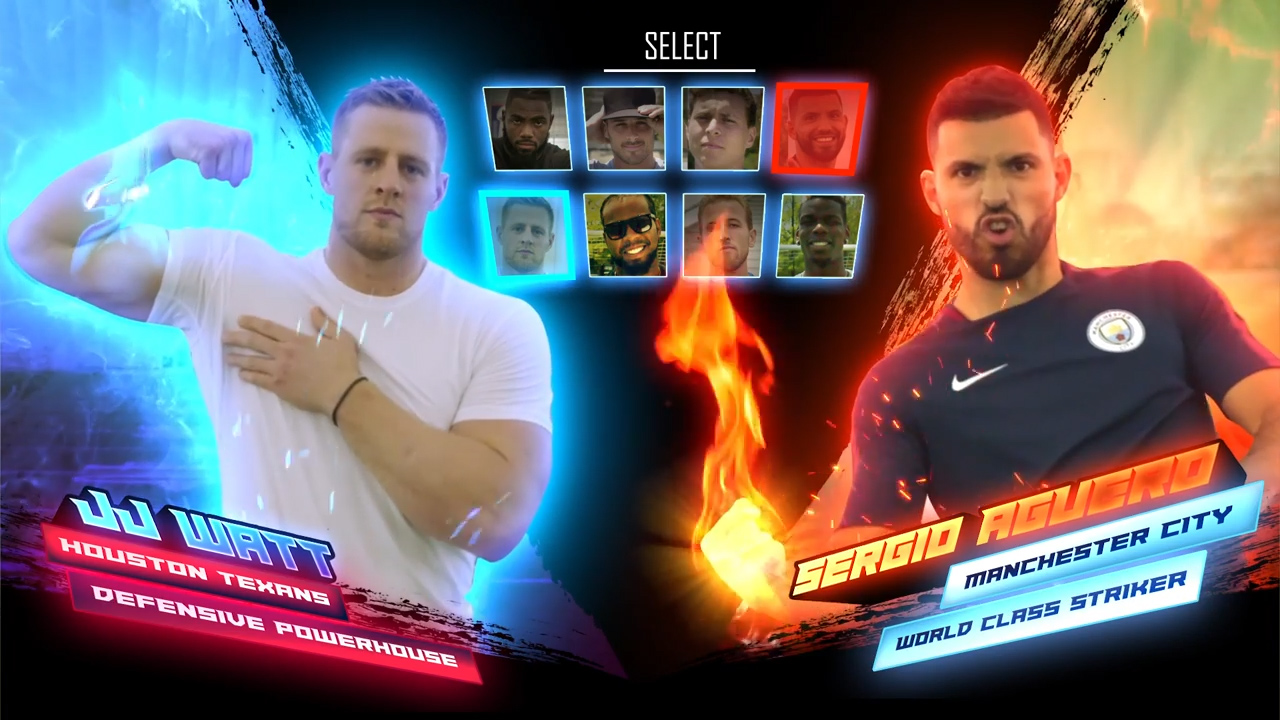 Aguero trổ tài sút phạt với cầu thủ bóng bầu dục JJ Watt