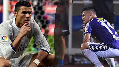 Quang Hải ngồi xổm ăn mừng như Ronaldo sau khi ghi bàn vào lưới Hải Phòng