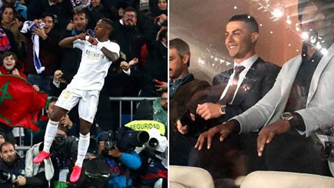 Ronaldo phấn khích ăn mừng bàn thắng của Vinicius trên khán đài