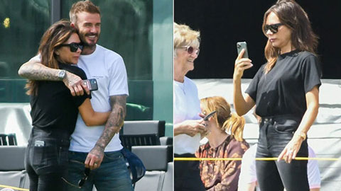 Vợ chồng Beckham ôm nhau tình cảm giữa sân vận động